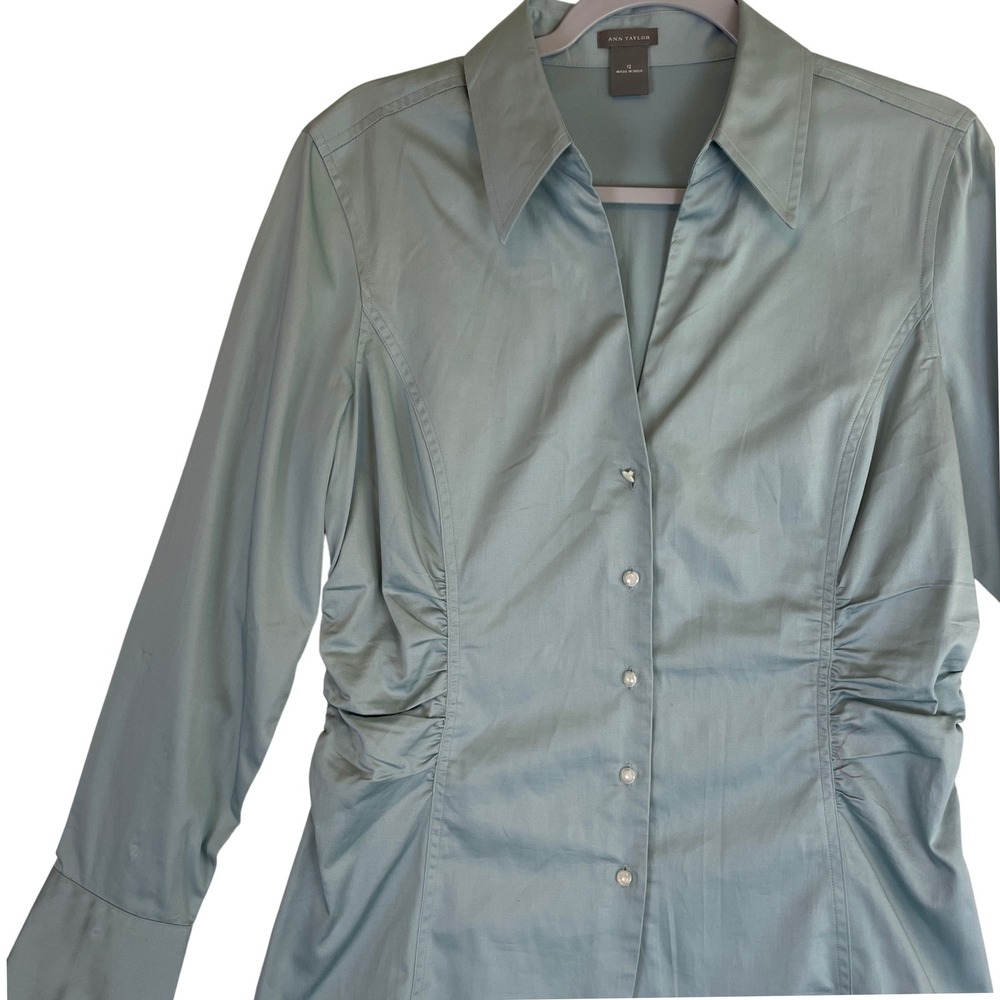 Ann Taylor Womens Button Down Shirt Long Sleeve Ruched Fitted Career Top Size 12